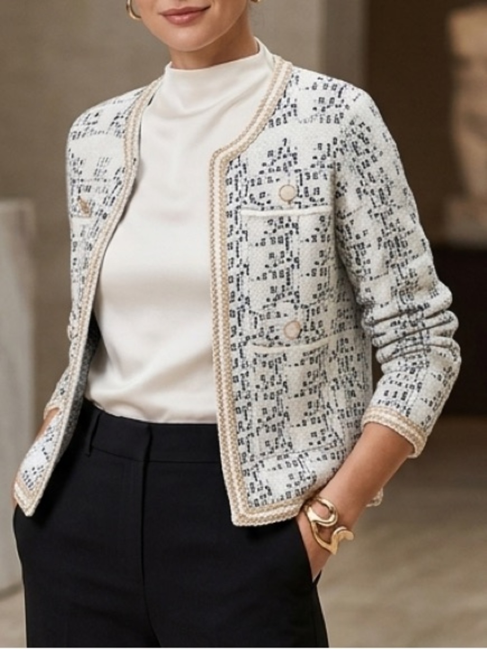 Northern Angel Black White Abstract Knit Open Front‎ Lady Jacket Gold Trim M
